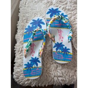 NWT Hawaii Tropical Platform Flip Flops Sandals Blue Pink White Womens 10